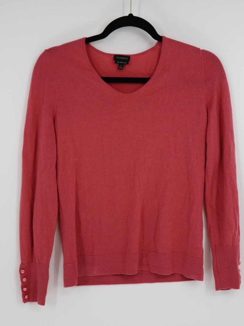 Talbots Merino Wool Sweater Small Coral Pink V Neck Pearl Button Cuffs Preppy